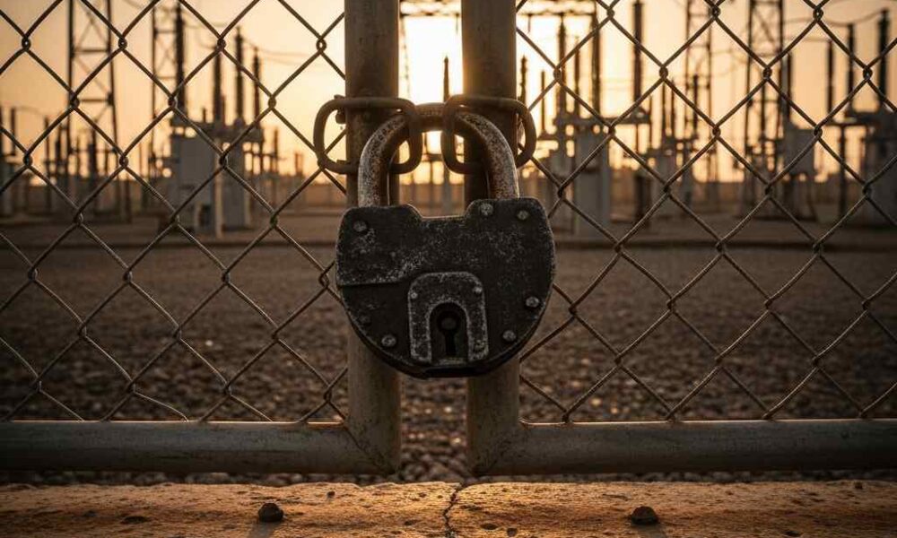 Rusted padlock on a chain-link fence at a Nigerian substation during sunset.