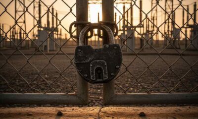 Rusted padlock on a chain-link fence at a Nigerian substation during sunset.
