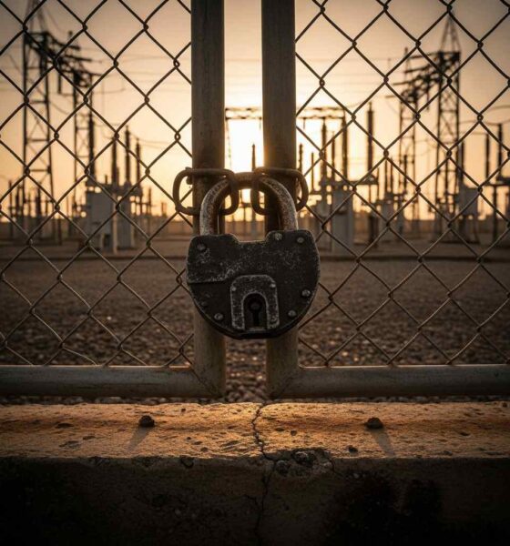 Rusted padlock on chain-link fence at a substation during sunset