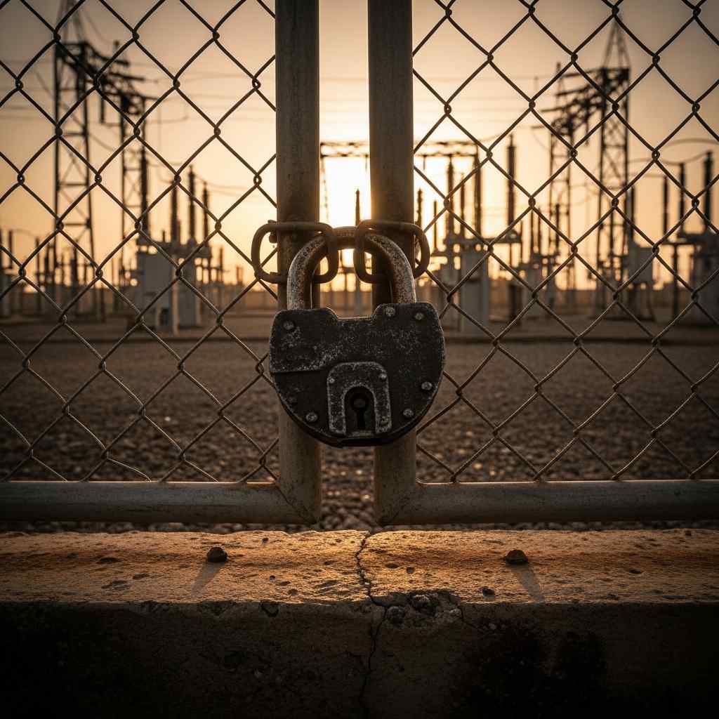 Rusted padlock on a chain-link fence at a Nigerian substation during sunset.