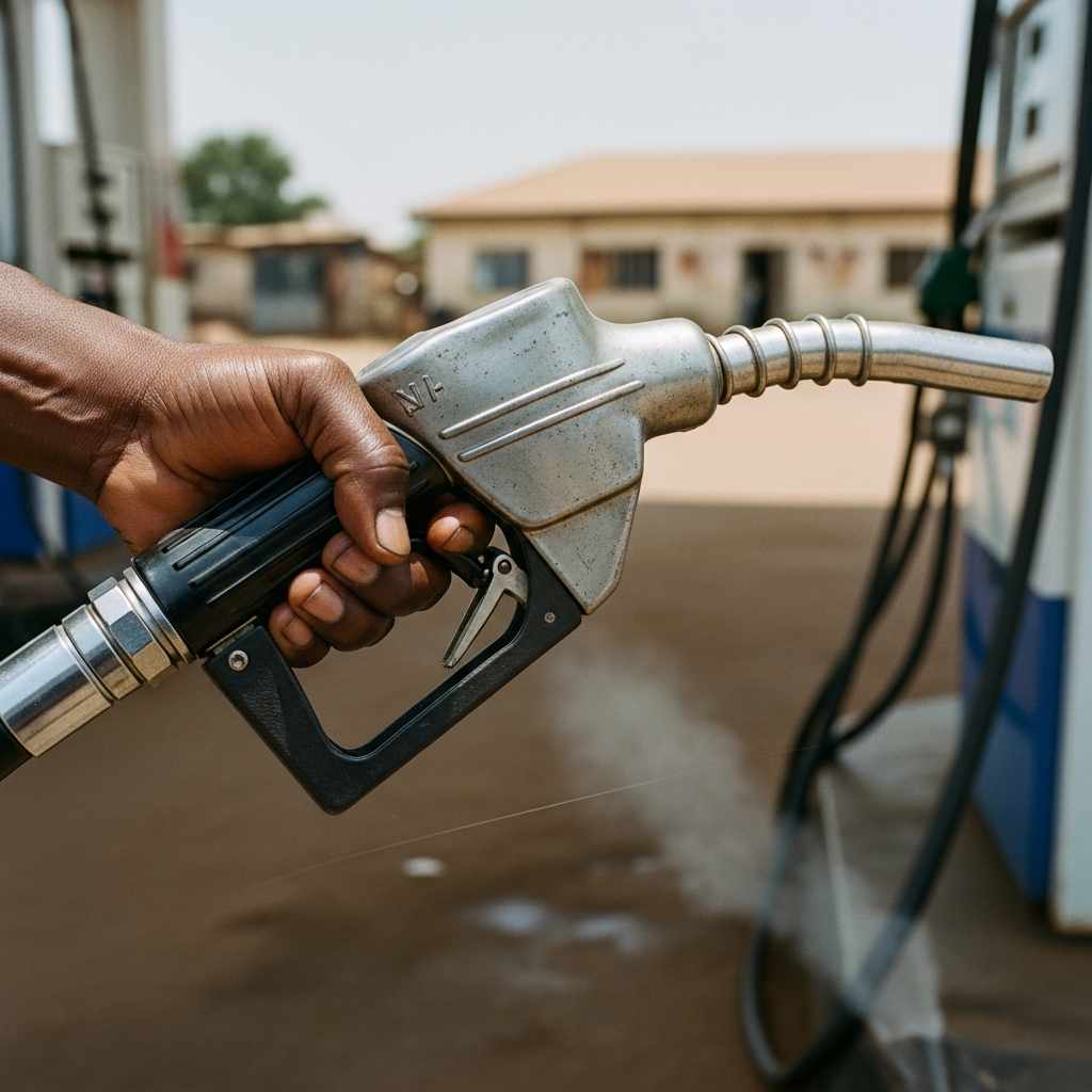 Hand holding a fuel nozzle while filling a vehicle at a petrol station