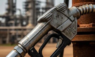 A close-up weathered industrial fuel nozzle with a blurred refinery background.