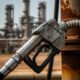 A close-up weathered industrial fuel nozzle with a blurred refinery background.
