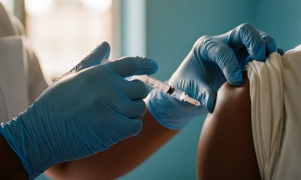 Close-up hands giving an injection into a person's arm sunlit clinic.