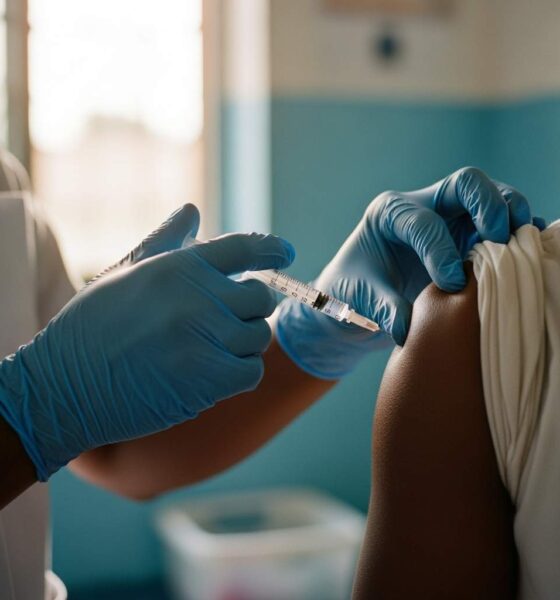 Close-up hands giving an injection into a person's arm sunlit clinic.