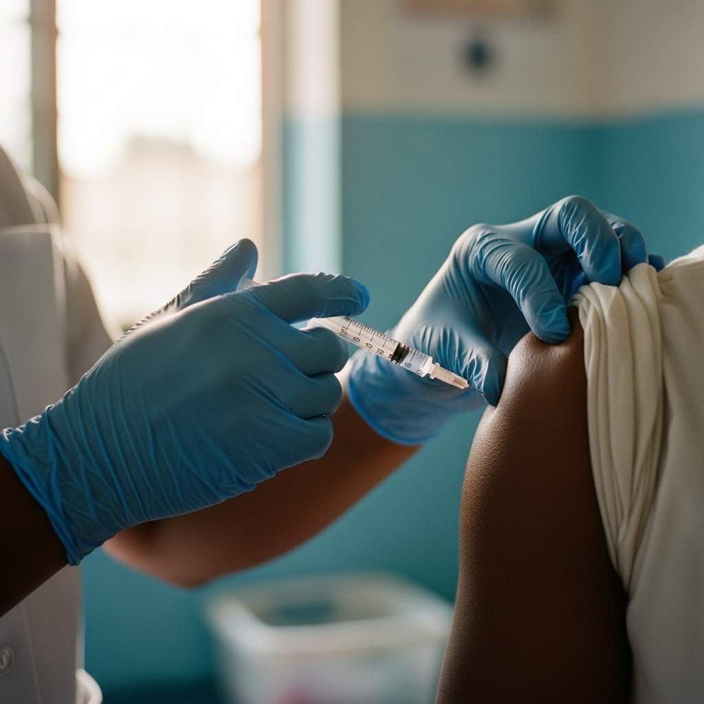 Close-up hands giving an injection into a person's arm sunlit clinic.
