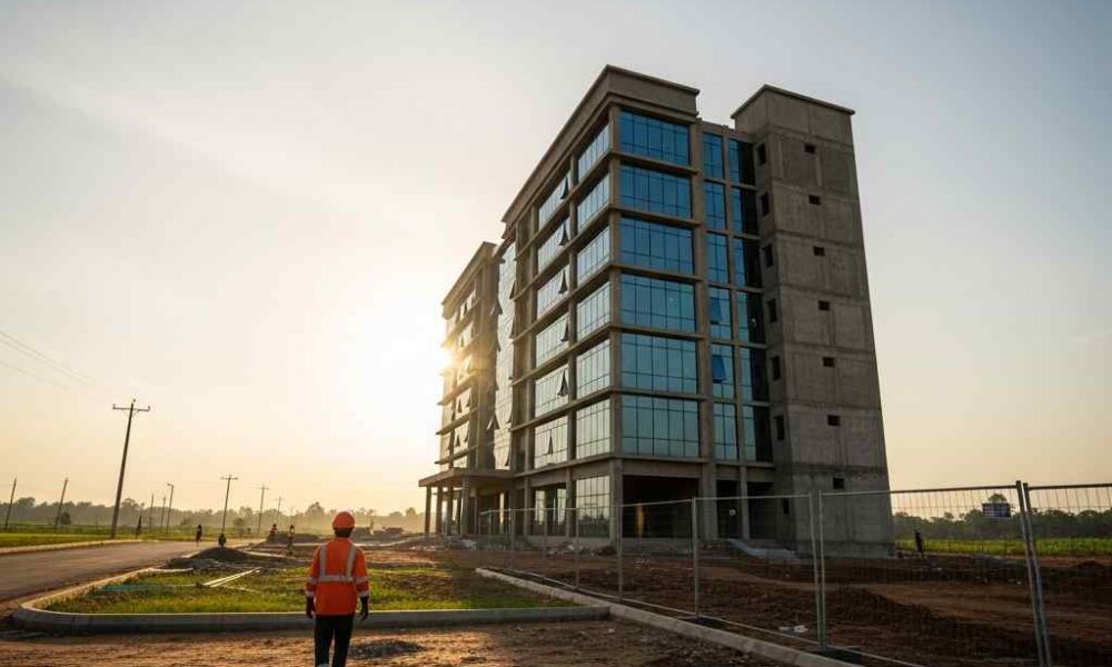 Wide shot of a new building construction in Delta State, Nigeria, during sunset.
