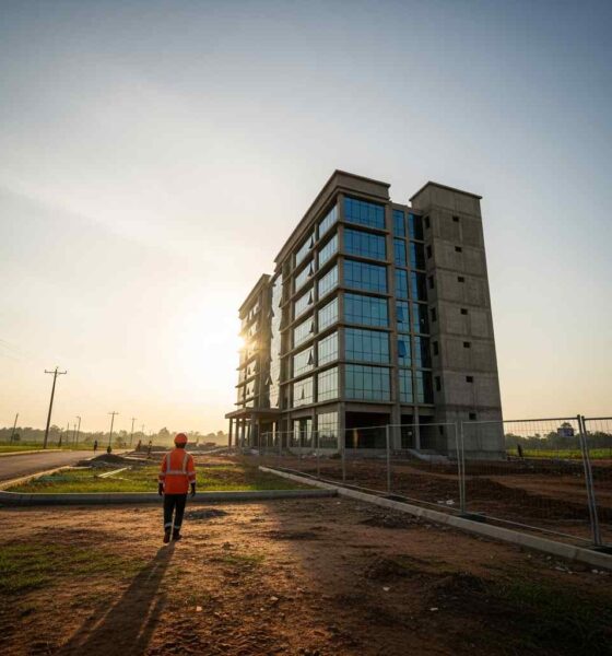 Construction site at sunset in Delta State with new building framework