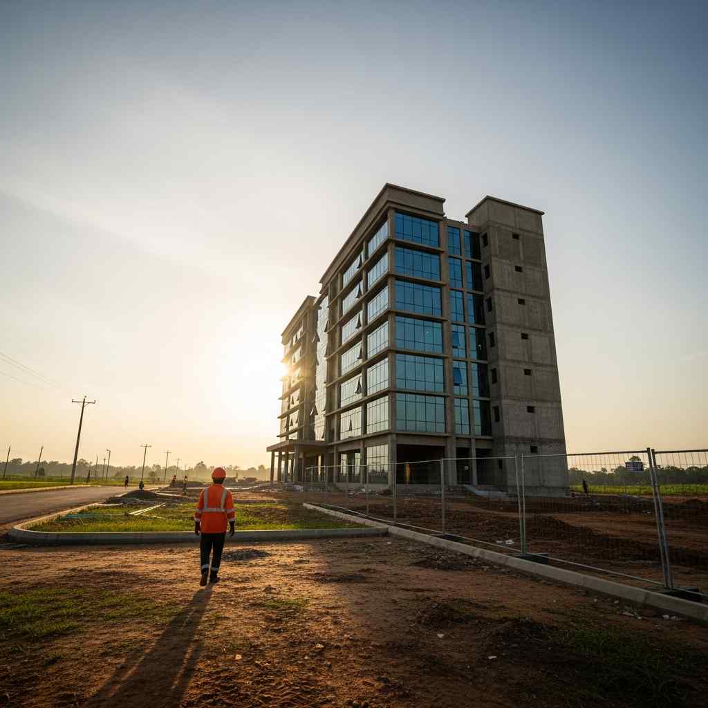 Wide shot of a new building construction in Delta State, Nigeria, during sunset.