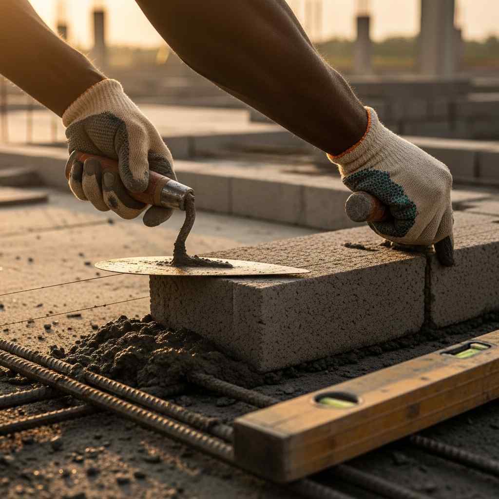 Close-up of construction worker's hands laying a concrete block on a building site.