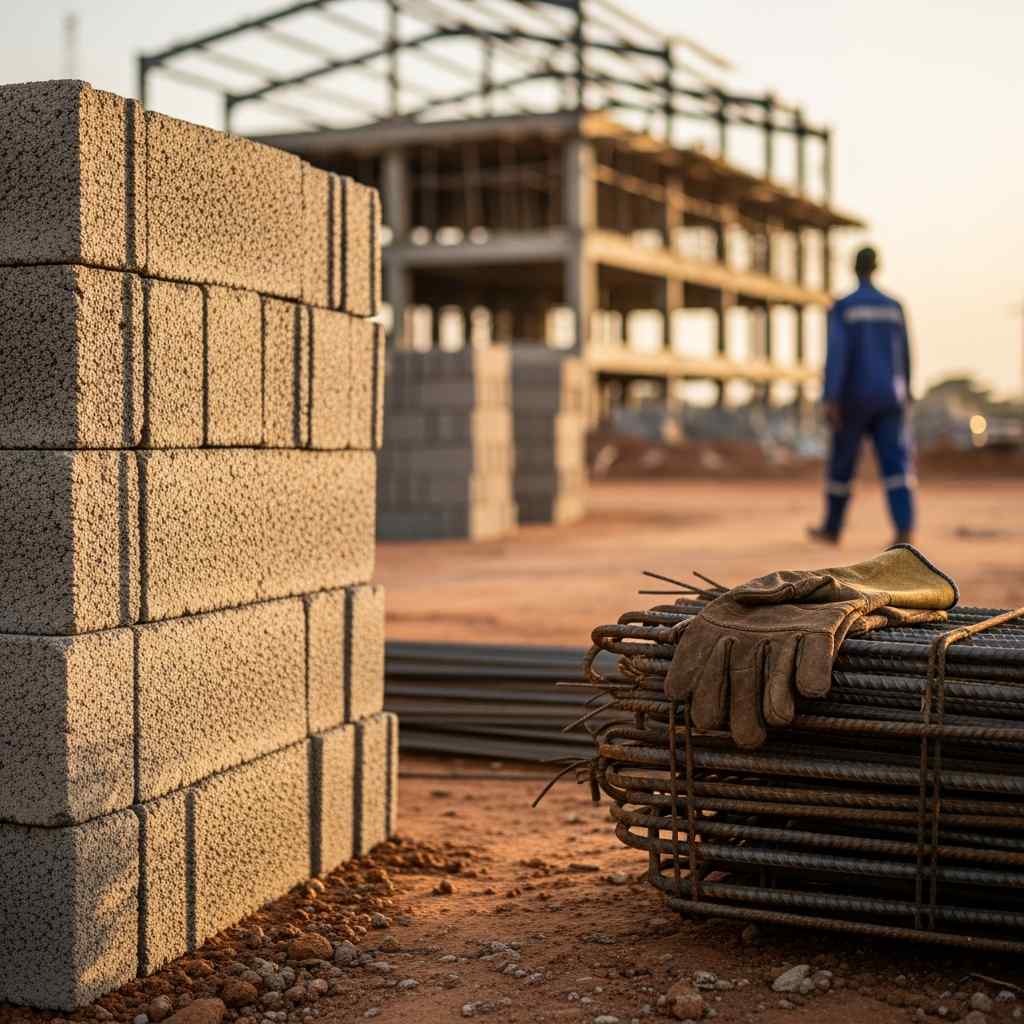 Detail of concrete blocks and construction materials on a building site at sunset.