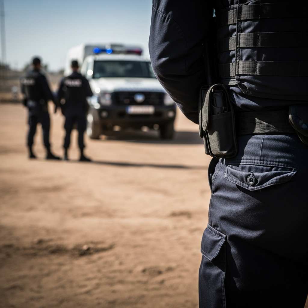 Back view of a police officer in a dusty uniform standing in a rural area.