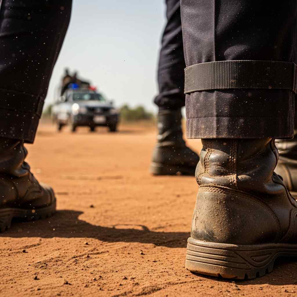 A police officer's boots and lower uniform in a dusty area, with a blurred police vehicle in the background.