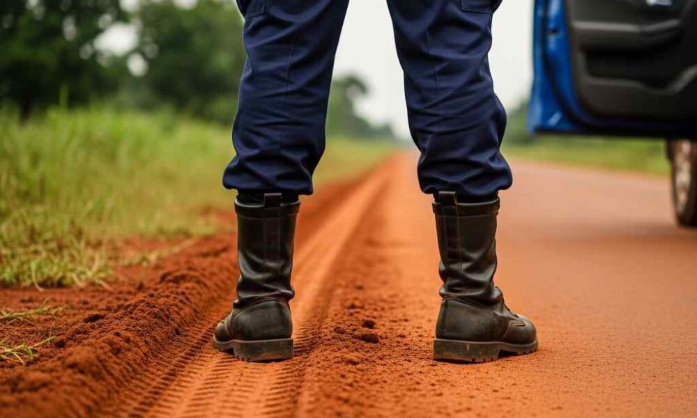 Close-up of a police officer's boots and uniform on a dirt road.