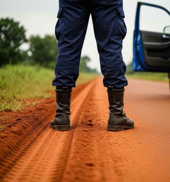 Close-up of a police officer's boots and uniform on a dirt road.