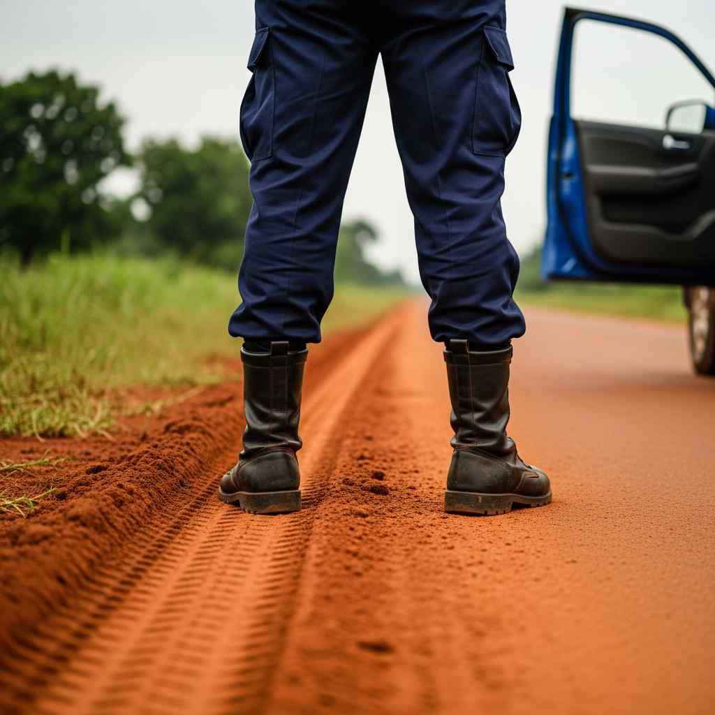 Close-up of a police officer's boots and uniform on a dirt road.