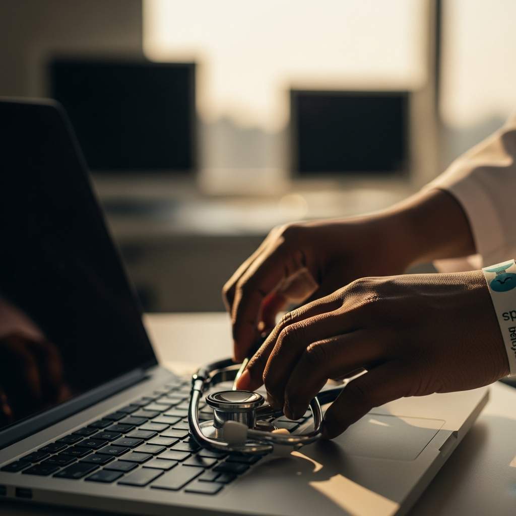 A doctor's hands connect a stethoscope to a laptop, symbolizing the Diaspora Health Impact Initiative 2026.