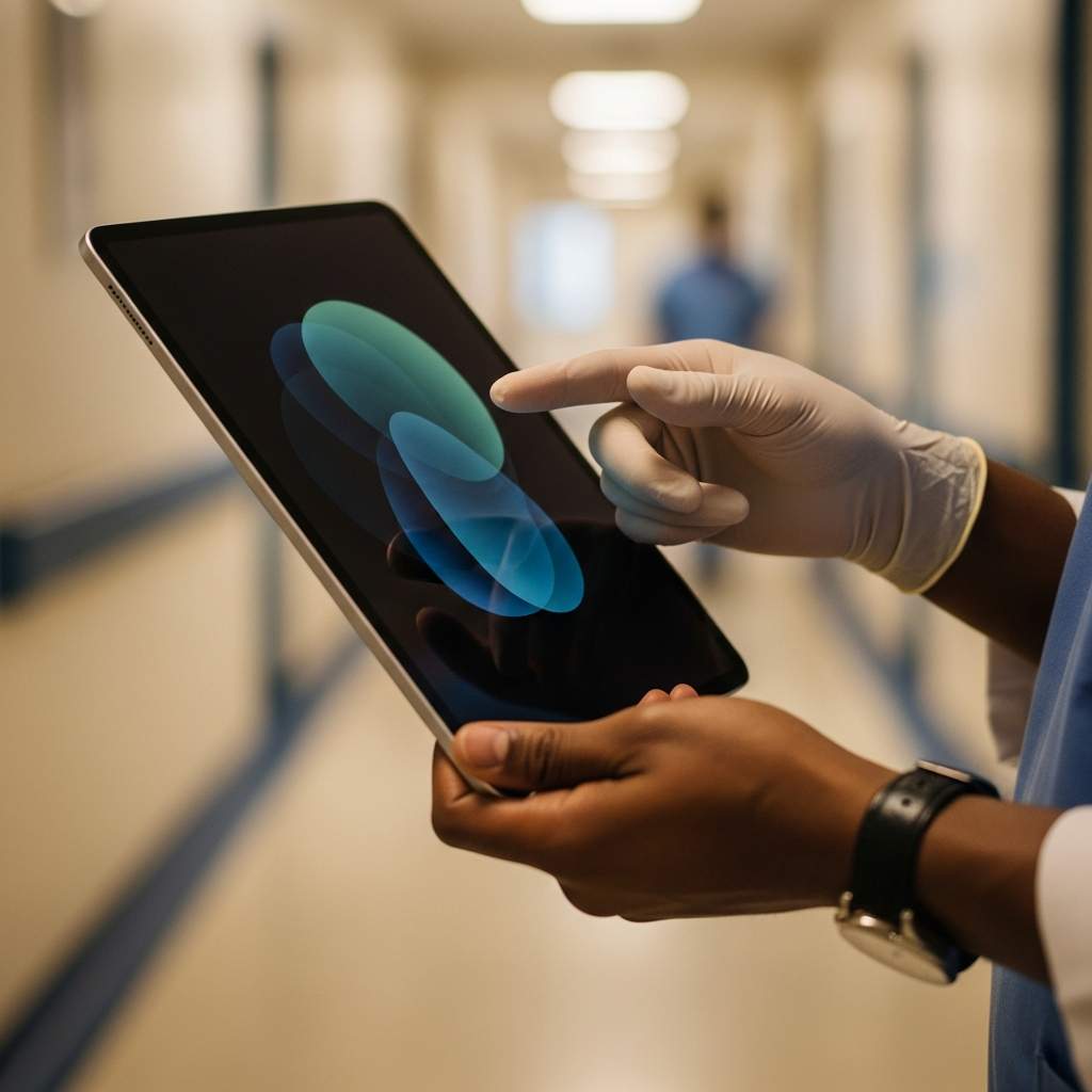 A doctor's hands holding a tablet, symbolizing the Diaspora Health Impact Initiative 2026 connecting global expertise.