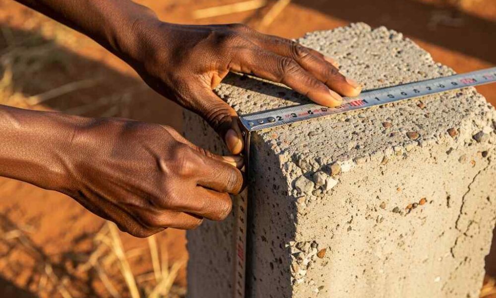 Close-up using a measuring tape on a concrete land beacon sunny field