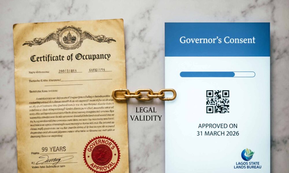 Certificate of Occupancy and Governor's Consent documents linked by gold chain on marble background, showing Nigerian land title documents dated 31 March 2026