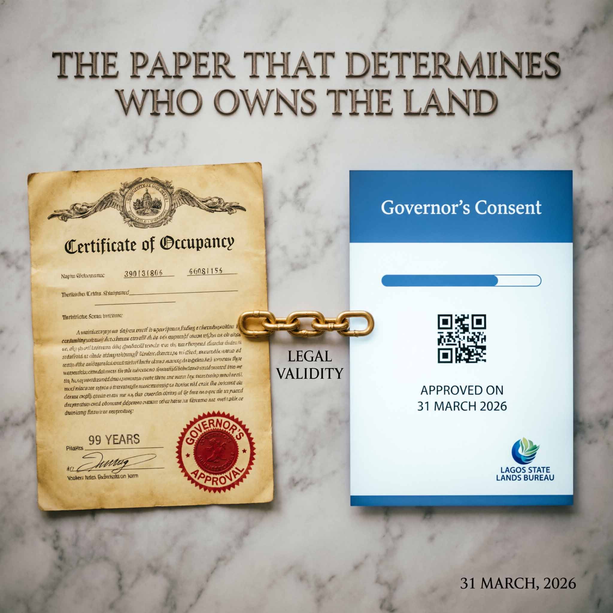 Certificate of Occupancy and Governor's Consent documents linked by gold chain on marble background, showing Nigerian land title documents dated 31 March 2026