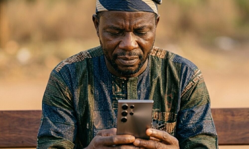 Nigerian citizen using digital engagement platform on smartphone showing state government feedback formFeatured Image Description:
Digital photograph of a middle-aged Nigerian man in casual clothing seated on a wooden bench outdoors, holding a smartphone displaying a state government citizen feedback interface. His expression shows concentration as he reads the screen. Natural daylight. Blurred background of a residential compound visible. The phone screen shows green and white government branding elements but no readable text. Taken in first quarter 2026.Featured Image Title:
digital-citizen-engagement-platform-nigeria-2026.jpg