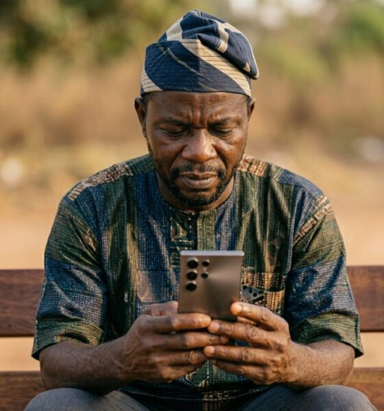 Nigerian citizen using digital engagement platform on smartphone showing state government feedback formFeatured Image Description:
Digital photograph of a middle-aged Nigerian man in casual clothing seated on a wooden bench outdoors, holding a smartphone displaying a state government citizen feedback interface. His expression shows concentration as he reads the screen. Natural daylight. Blurred background of a residential compound visible. The phone screen shows green and white government branding elements but no readable text. Taken in first quarter 2026.Featured Image Title:
digital-citizen-engagement-platform-nigeria-2026.jpg