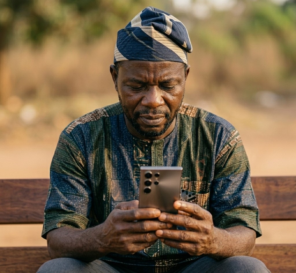 Nigerian citizen using digital engagement platform on smartphone showing state government feedback formFeatured Image Description:
Digital photograph of a middle-aged Nigerian man in casual clothing seated on a wooden bench outdoors, holding a smartphone displaying a state government citizen feedback interface. His expression shows concentration as he reads the screen. Natural daylight. Blurred background of a residential compound visible. The phone screen shows green and white government branding elements but no readable text. Taken in first quarter 2026.Featured Image Title:
digital-citizen-engagement-platform-nigeria-2026.jpg