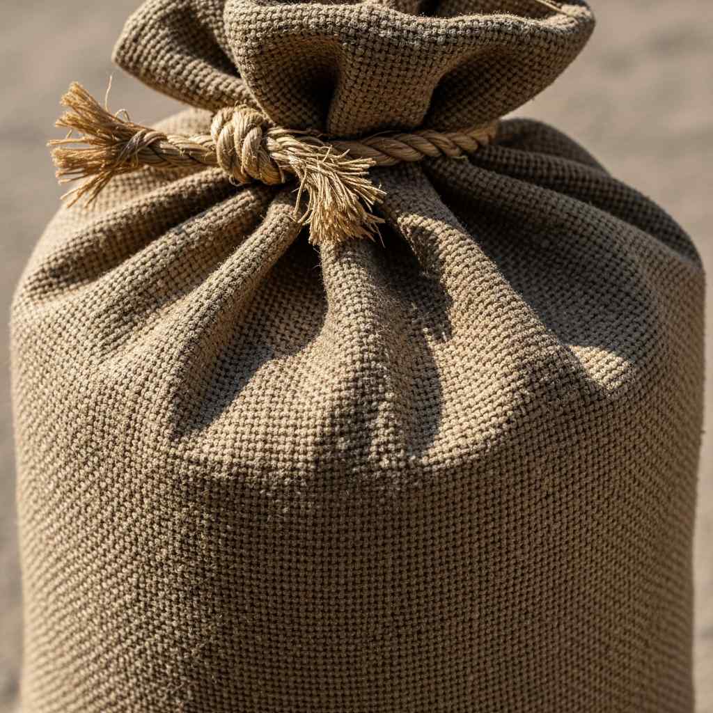 Extreme close-up of a worn, woven grain sack tied with rope.