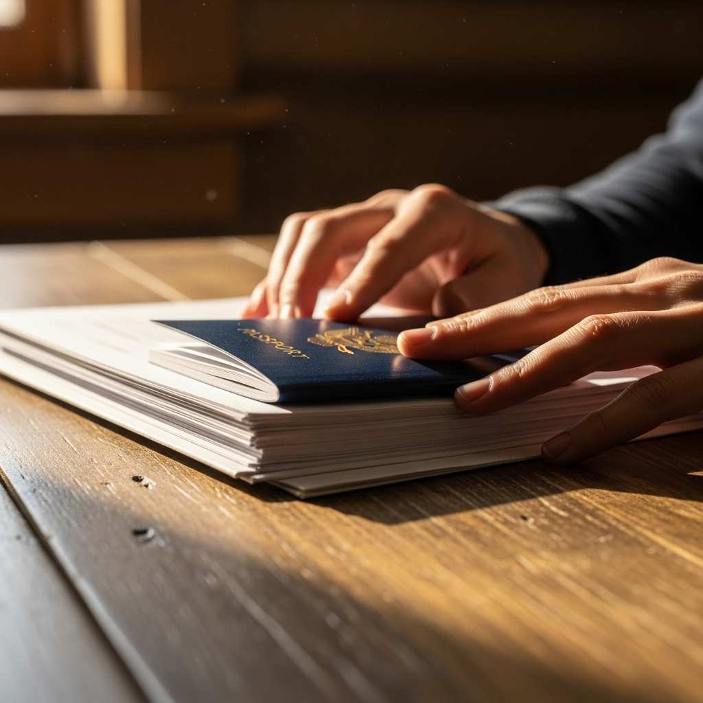 Close-up arranging a passport and white documents on a wooden surface.