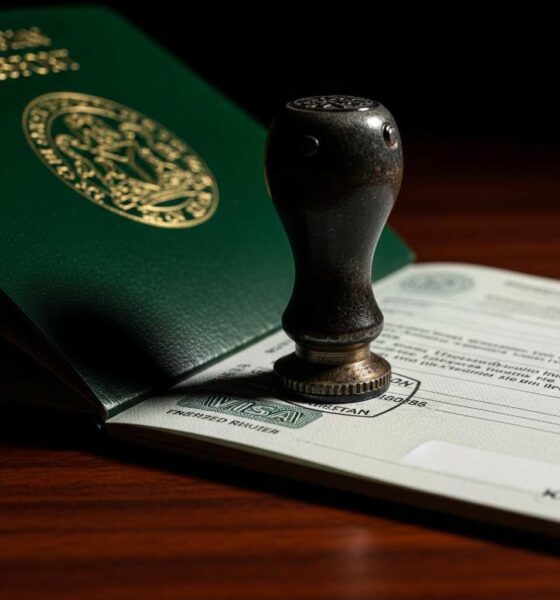 A close-up shot official ink stamp pressing onto the page open green passport.