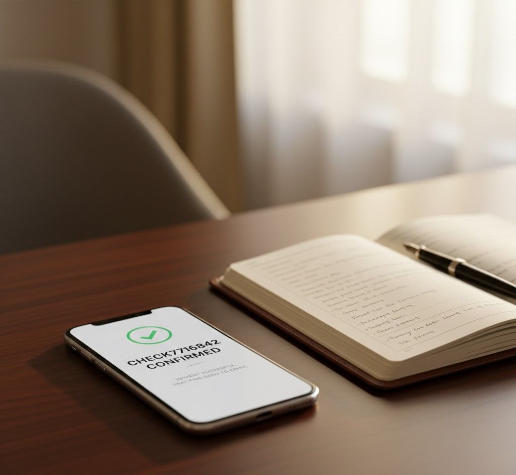 Smartphone on a dark mahogany desk displaying a successful payment confirmation screen next to a leather notebook and fountain pen.Featured Image Description:
Cinematic high-quality photograph focusing on a sleek, modern smartphone resting on a polished, dark mahogany desk. The phone screen is the primary focal point, showing a professional e-commerce interface with a "Checkout Confirmed" message, featuring a green success icon and elegant typography. Beside the phone, an open high-end leather notebook displays organized, handwritten-style logistical notes. A sophisticated fountain pen lies near the notebook. In the background, softly blurred with a creamy bokeh effect, is the hint of a bright, contemporary office with warm, natural light. No people. No cluttered objects. The lighting is warm and golden, emphasizing a premium atmosphere of tech-enabled commerce. Square 1:1 format.Featured Image Title:
e-commerce-automated-payment-confirmation-checkout-gobeyondlocal.jpg