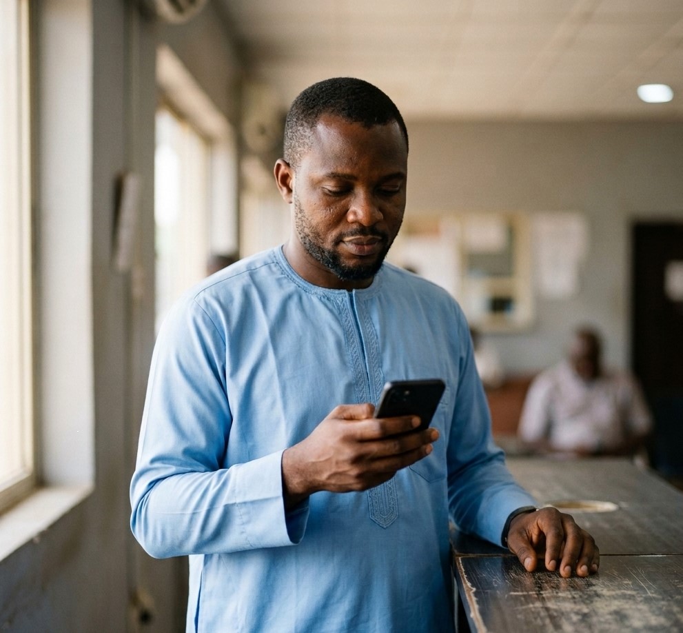 E-Governance & Public Service Solutions for Nigeria with mobile phone displaying government service portalFeatured Image Description:
Close-up digital photograph of a mobile phone held in natural light showing a government service portal interface with application status visible. Background completely blurred with creamy bokeh effect suggesting an office environment. The image emphasizes mobile access to public services. Professional documentary photography style. Square composition.Featured Image Title:
e-governance-public-service-solutions-nigeria-mobile-phone.jpg