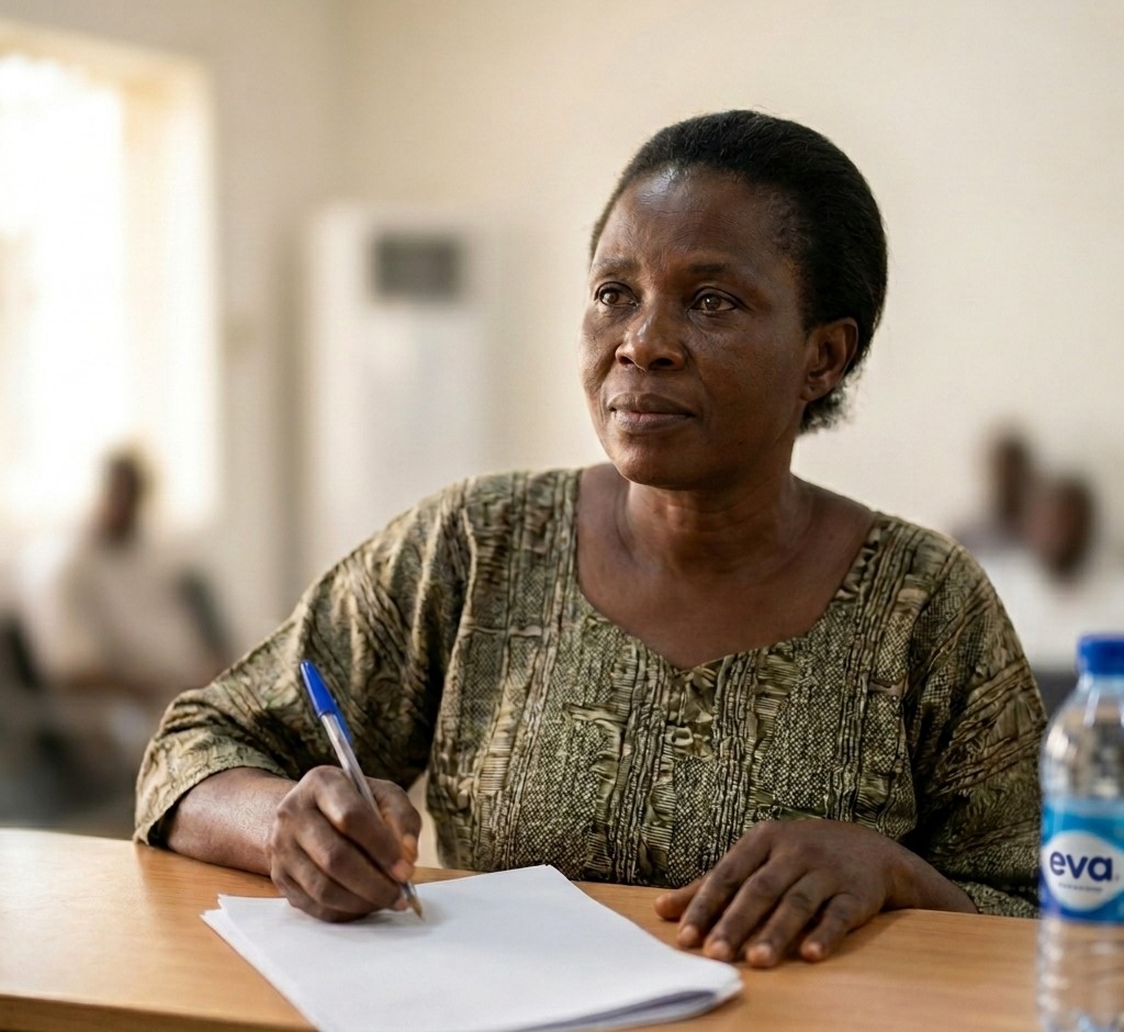 E-Governance & Public Service Solutions for Nigeria showing citizen filling a form in a government office.