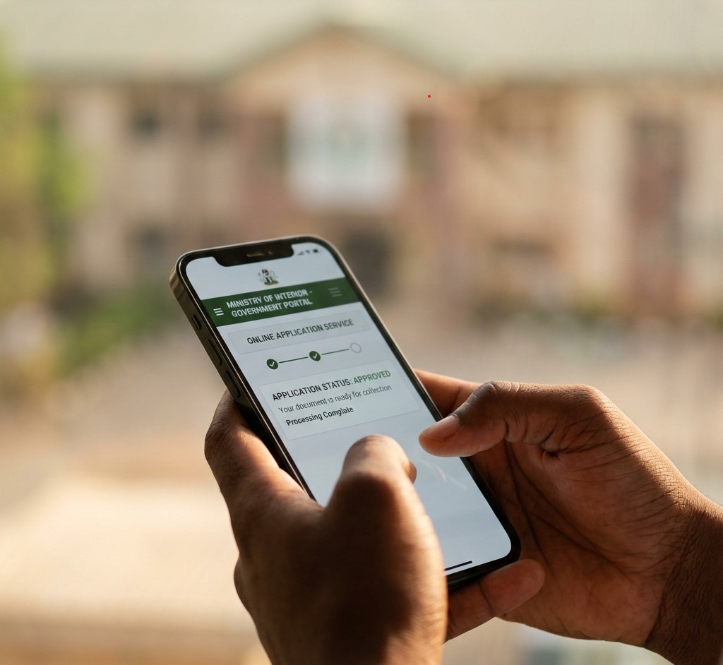 E-Governance & Public Service Solutions for Nigeria with mobile phone displaying government service portal Featured Image Description: Close-up digital photograph of a mobile phone held in natural light showing a government service portal interface with application status visible. Background completely blurred with creamy bokeh effect suggesting an office environment. The image emphasizes mobile access to public services. Professional documentary photography style. Square composition. Featured Image Title: e-governance-public-service-solutions-nigeria-mobile-phone.jpg
