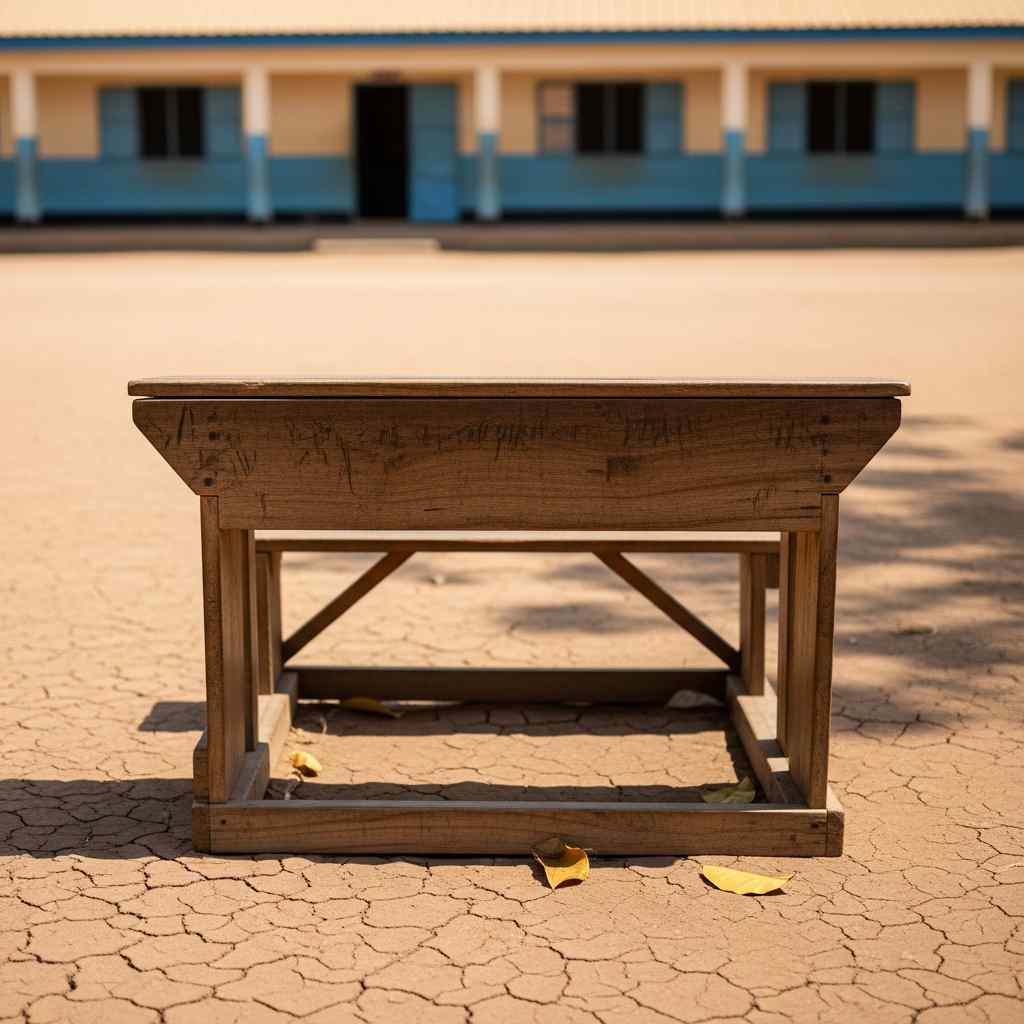 An empty, weathered wooden school desk isolated in a barren Nigerian schoolyard.
