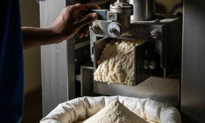 Hands adjusting an industrial cassava dewatering machine with fresh mash and finished flour.