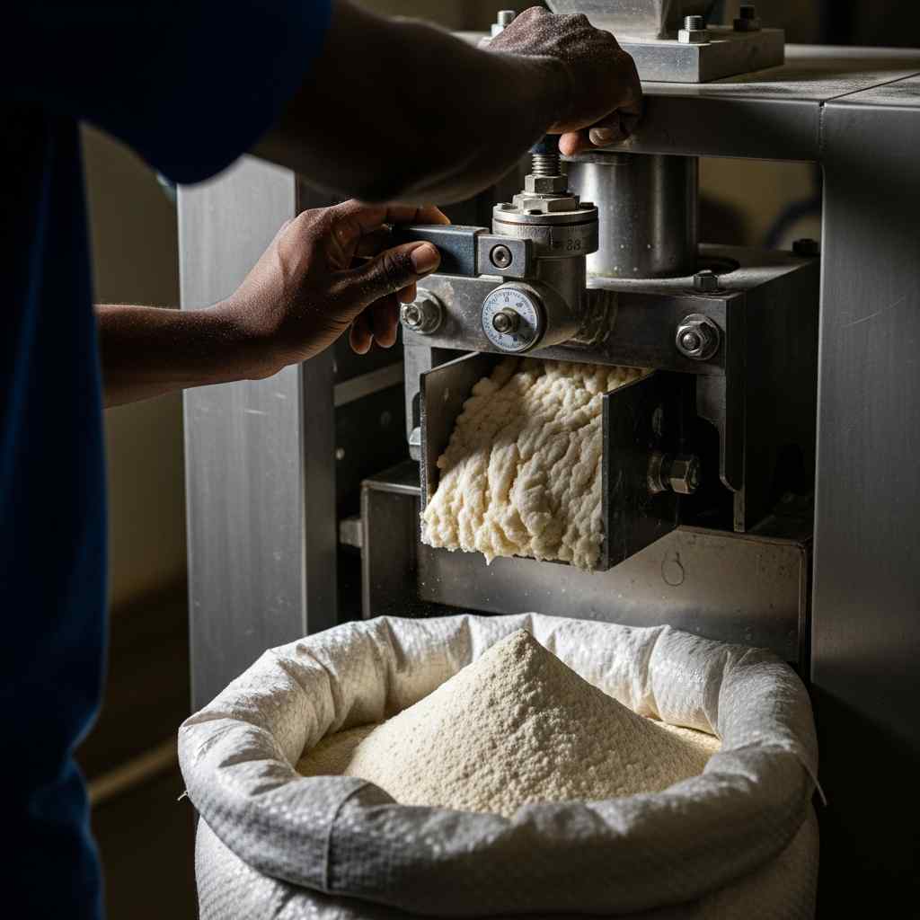 Hands adjusting an industrial cassava dewatering machine with fresh mash and finished flour.