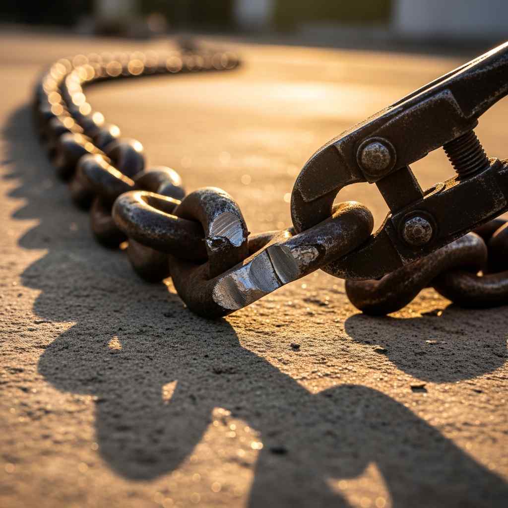 A rusted metal chain link being cut, symbolizing the disruption of extremist financing networks.