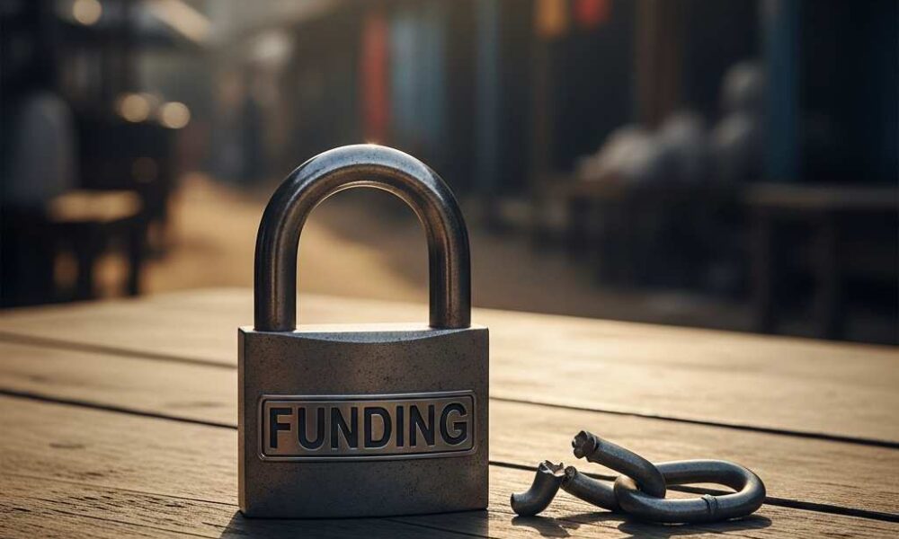 A rusted padlock engraved with 'FUNDING' on a wooden table, symbolizing the blocking of financial resources.