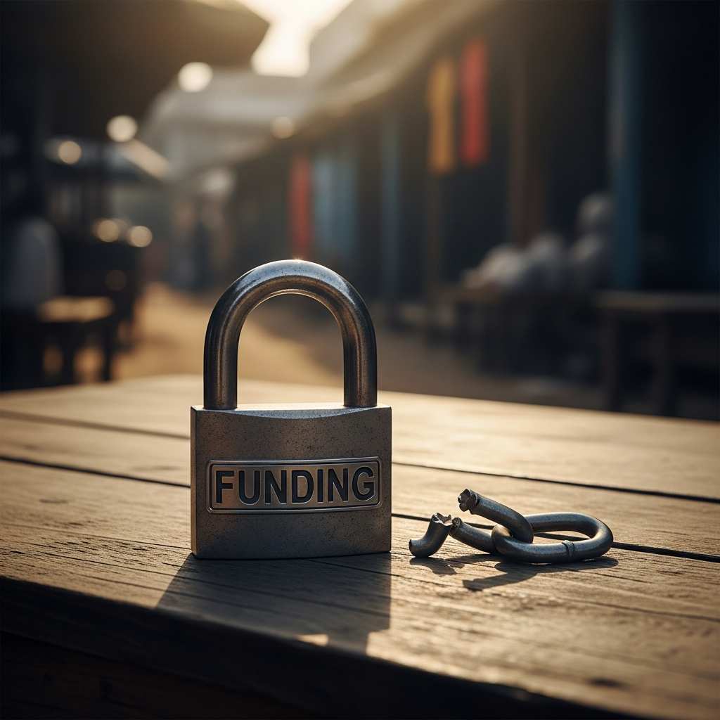 A rusted padlock engraved with 'FUNDING' on a wooden table, symbolizing the blocking of financial resources.