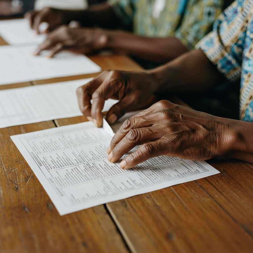 Close-up sorting through piles documents on a wooden desk.