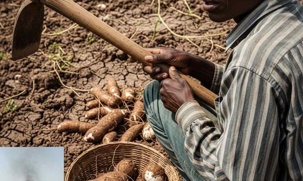 Farmer holding a hoe, looking over shoulder, basket nearby.