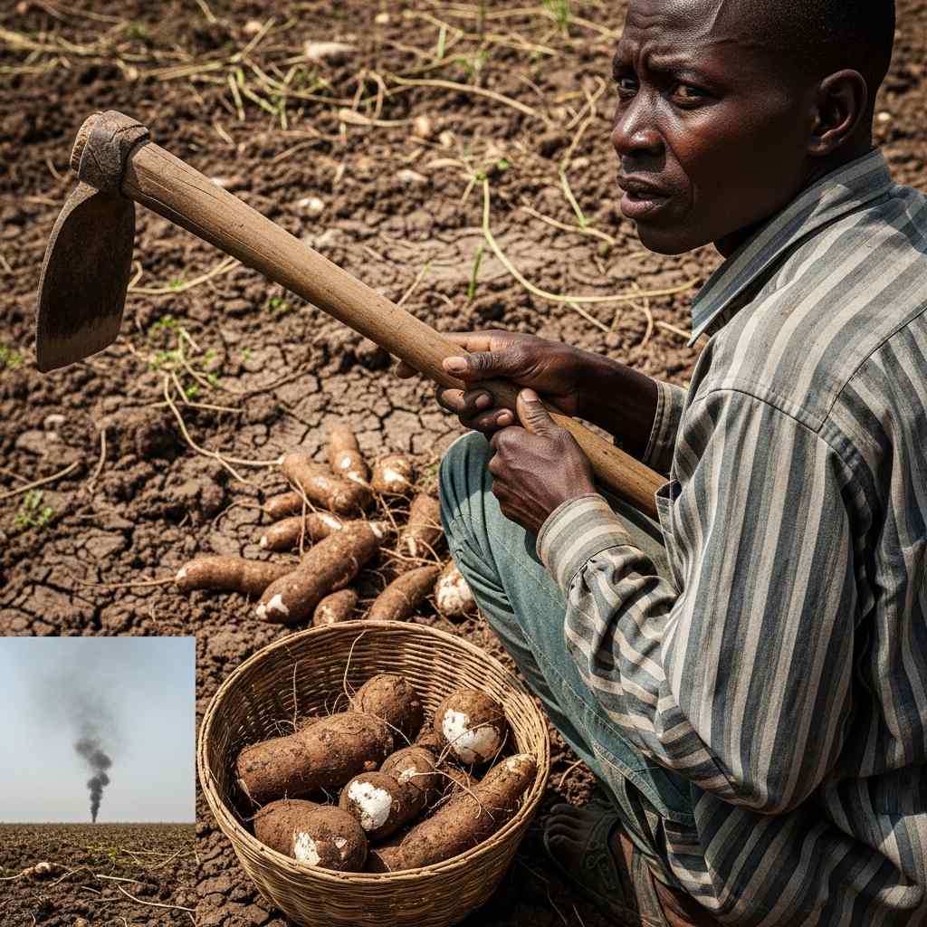 Farmer holding a hoe, looking over shoulder, basket nearby.