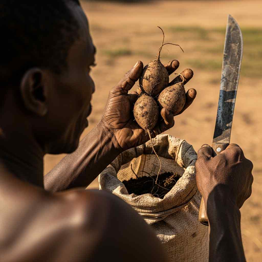 Weathered hands holding yams and a machete defensively.