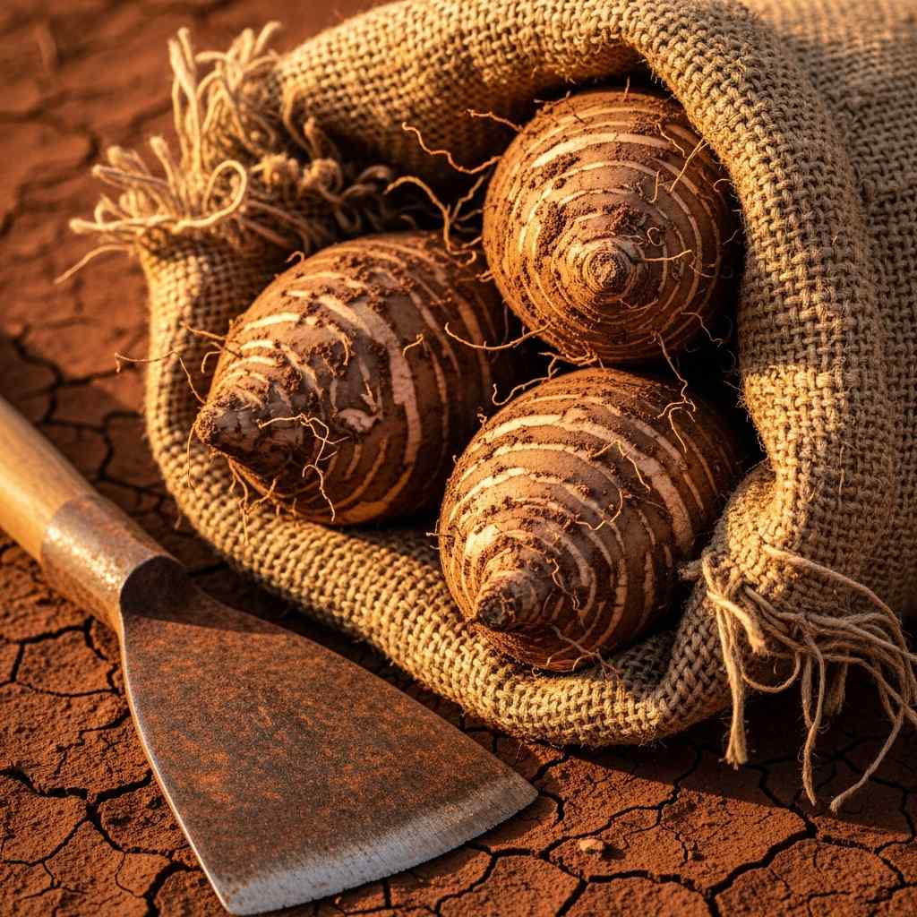 Close-up yams sack with an abandoned hoe on dry soil.
