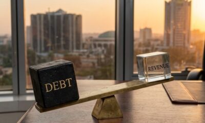 Professional featured image of a brass balance beam on a desk showing a heavy black 'DEBT' cube outweighing a glass 'REVENUE' cube