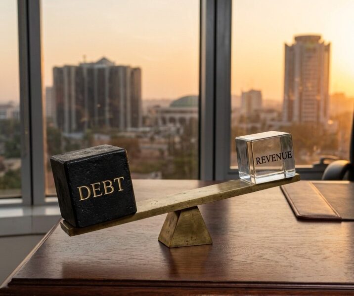 Professional featured image of a brass balance beam on a desk showing a heavy black 'DEBT' cube outweighing a glass 'REVENUE' cube