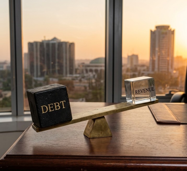 Brass balance beam with heavy black DEBT cube outweighing glass REVENUE cube