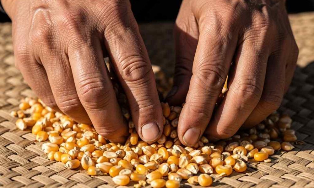 Close-up sifting through a pile corn kernels on a woven mat.